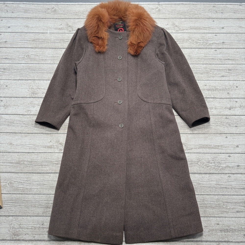 Vintage Moscow Overcoat Women's XL Brown Faux Fur Collar Wool Retro Long Coat